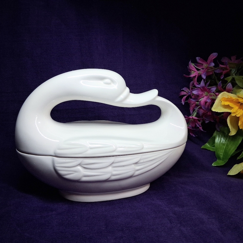 Vintage Fitz And Floyd Swan Porcelain Jewelry Trinket Holder *flaw*